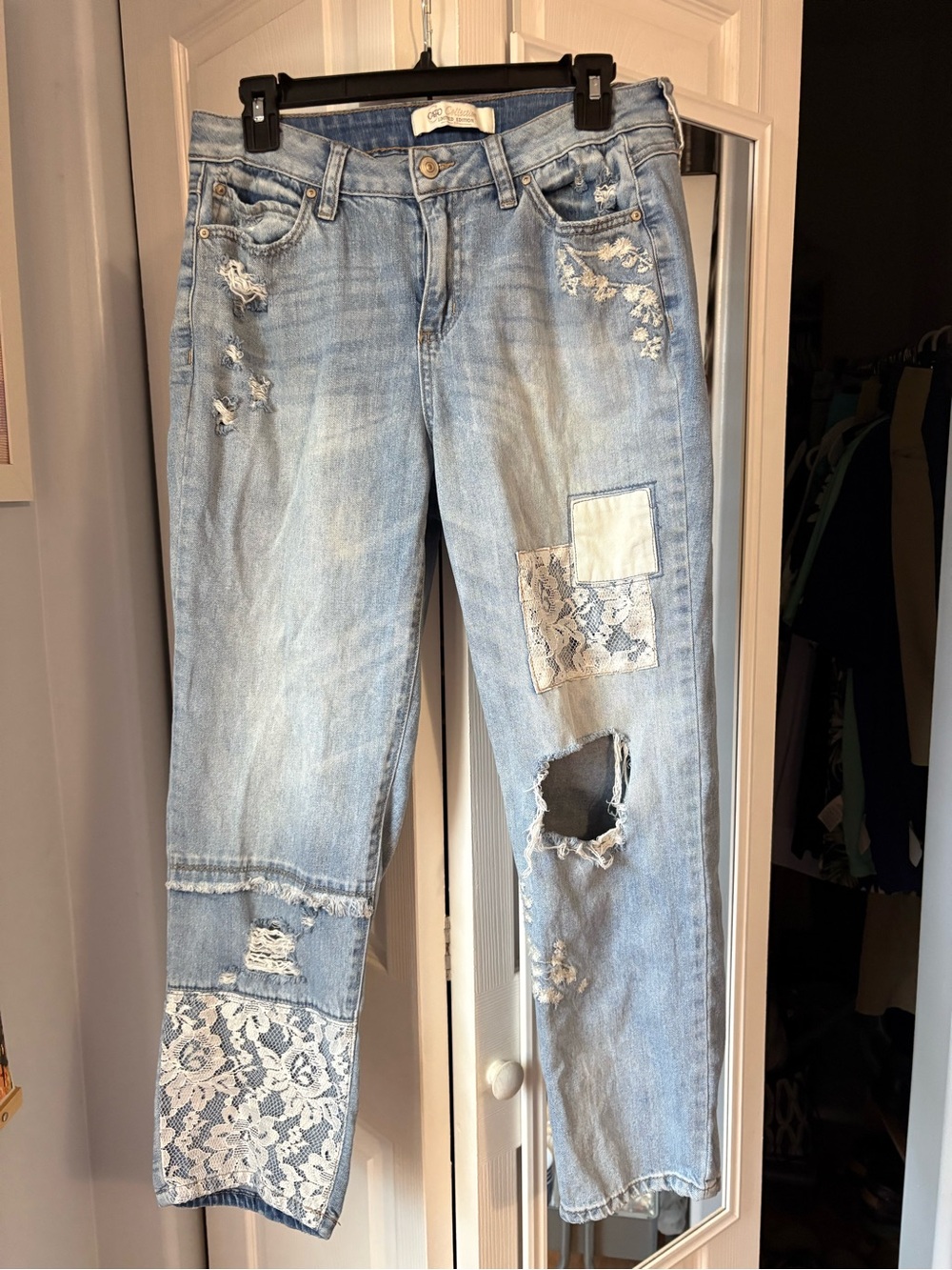 Cato Limited Edition Light Blue Distressed Boyfriend Jeans with Lace Patches